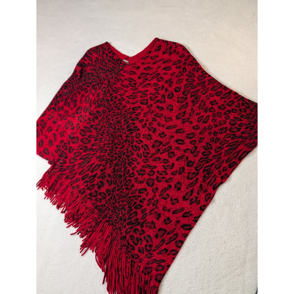Chicos Red Black Leopard Print Fringe Knit Poncho Wrap SM‎ Animal Print V-Neck